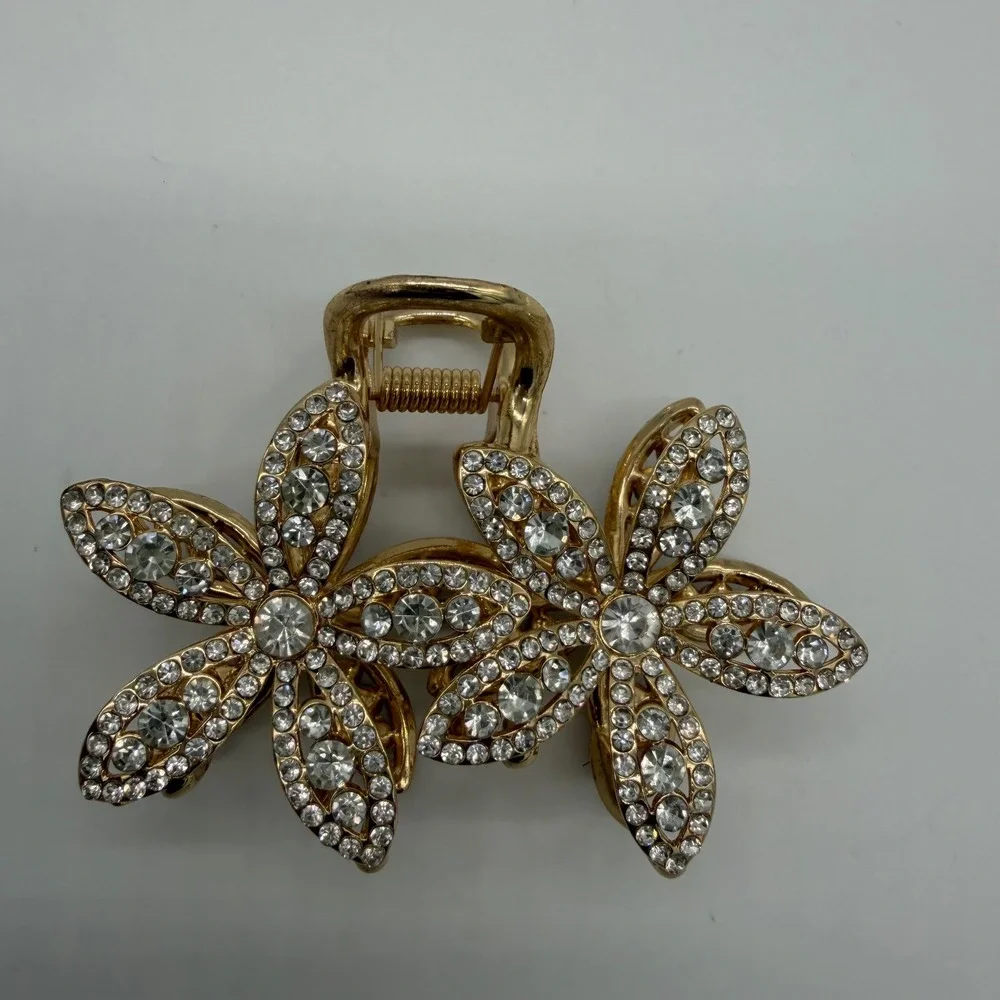 Gold Flower Hair Claw Clip Set Faux Pearl Rhinestone Crystal 2pc Floral Jewelry